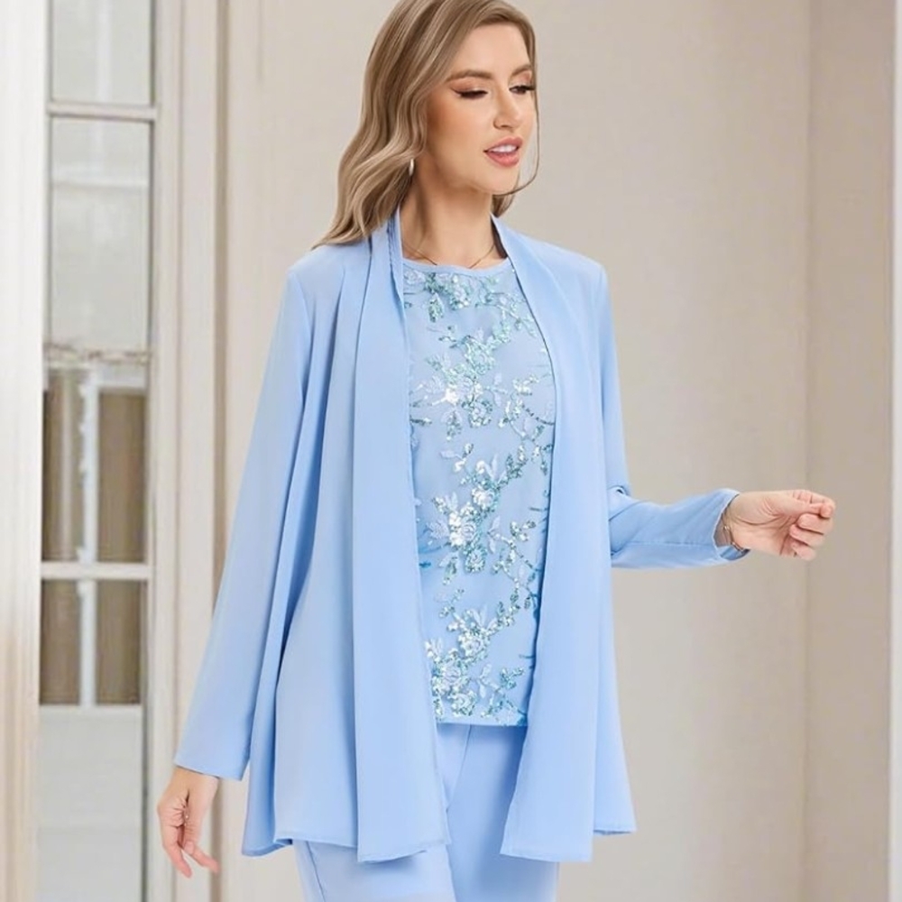 Elegant Blue Floral Women's Sequin Sleeveless Top & Matching Jacket Size XXL